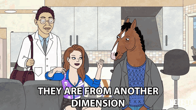 a cartoon of a man a woman and a horse with the words they are from another dimension