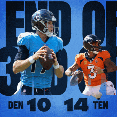 two football players on a blue background with the words end of den 10 14 ten at the bottom