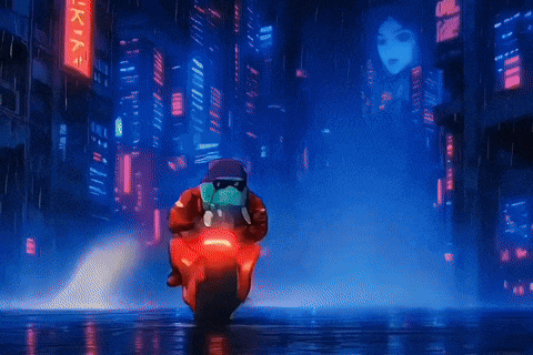 a man is riding a red motorcycle in a city with a sign that says ' ky ' on it