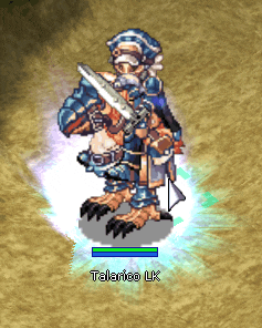 a video game character named talarico uk is holding a sword and a gun