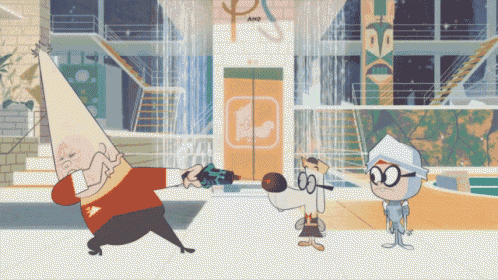 a cartoon character is holding a gun in front of a building with the letter p on it