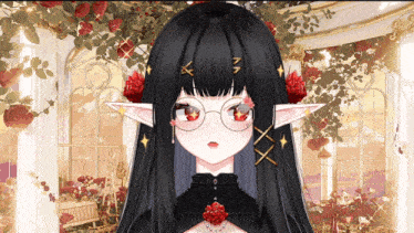 a girl with long black hair and red eyes is wearing glasses and red flowers in her hair