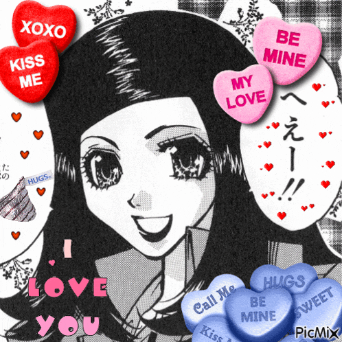 a girl is surrounded by heart shaped candy including one that says " my love "