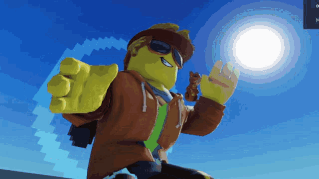 a cartoon character wearing sunglasses and a brown jacket stands in front of a blue sky