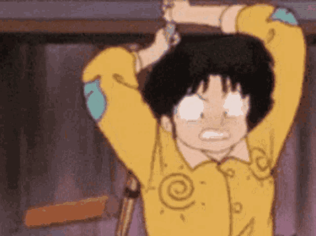 a cartoon character with a yellow shirt is holding a sword in his hand .