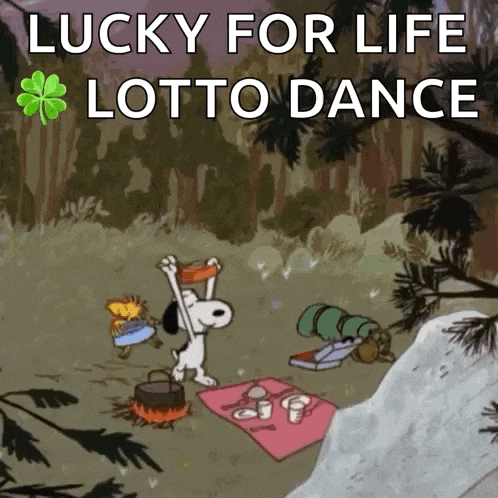 a cartoon of snoopy and woodstock dancing with the words lucky for life lotto dance above them
