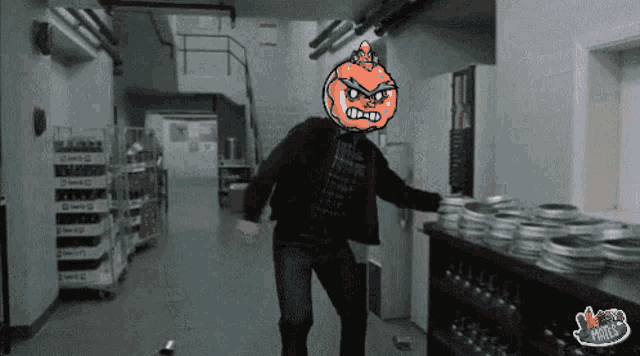 a cartoon of a man with a pumpkin on his head standing in a hallway