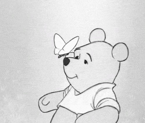 a black and white drawing of winnie the pooh and a butterfly .