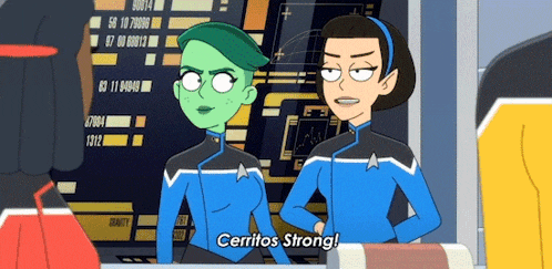 two cartoon characters are standing next to each other in front of a computer screen and one of them is saying cerritos strong .