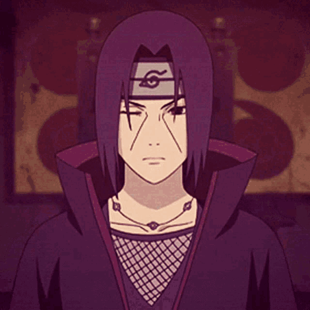 a close up of a cartoon character with purple hair and a headband with a symbol on it