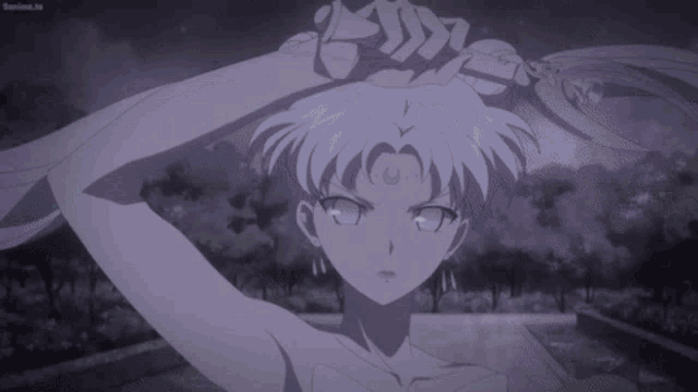 a black and white drawing of a girl with a crescent moon on her forehead holding a sword