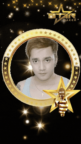 a man is holding a microphone in front of a star that says star maker