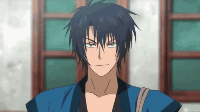 a man with blue hair and a blue shirt looks angry
