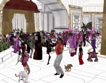 a man in a red shirt is dancing in a crowded room