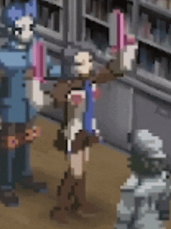 a pixel art drawing of a woman holding a sword
