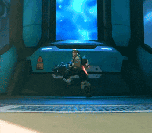 a video game character is running through a room with a sign that says ' danger ' on it