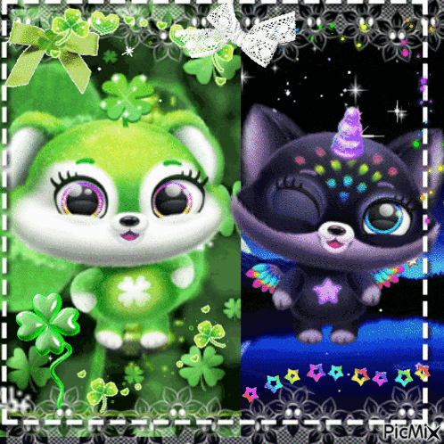 a picture of a green bunny and a picture of a black cat