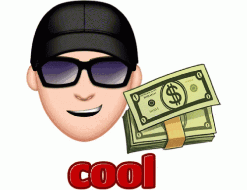 a man wearing sunglasses and a hat is holding a stack of money and the word cool below him