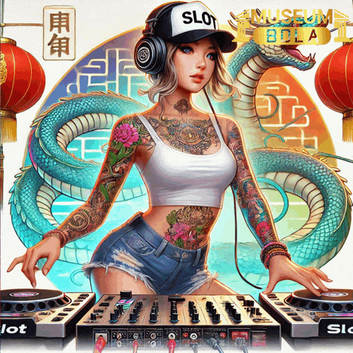 a painting of a woman wearing headphones and a hat with the word slot on it