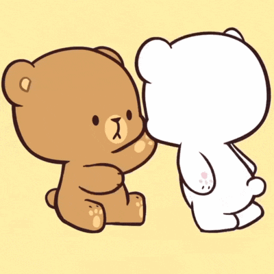 a brown teddy bear is touching the face of a white teddy bear .