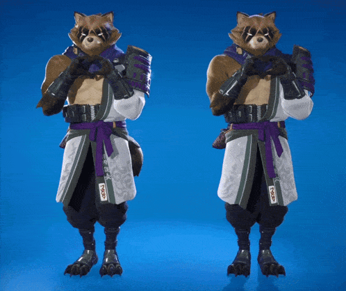 a raccoon with a purple scarf around its neck