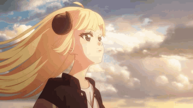 a girl with a horn on her head looks up at the sky