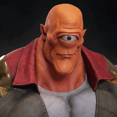a close up of a cartoon character with a single eye