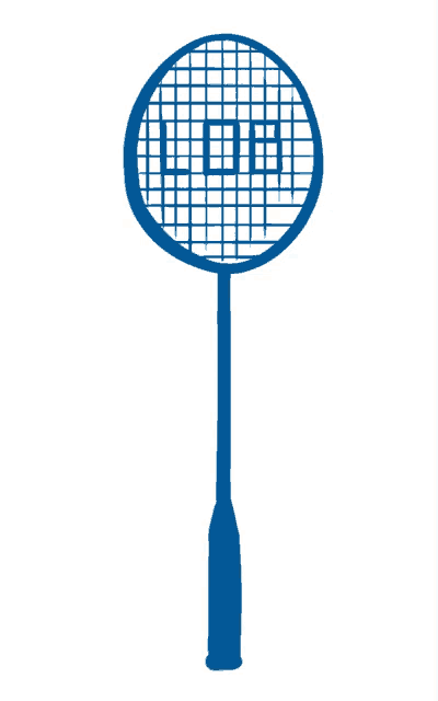 a blue badminton racket with the letter l on the net