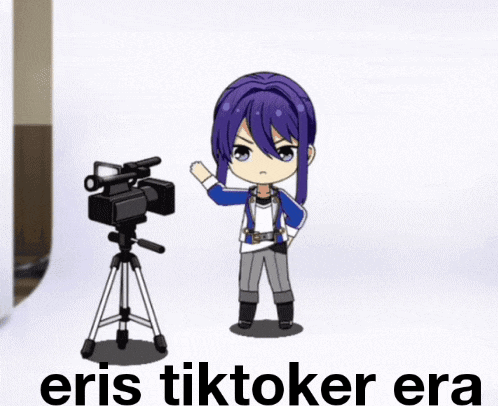 a cartoon character with purple hair is standing next to a camera on a tripod with the words eris tiktoker era above him