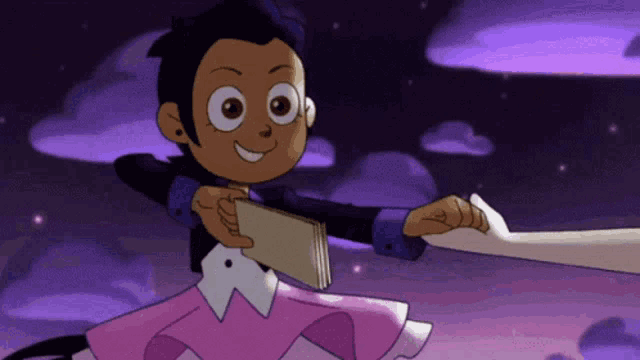 a cartoon character in a pink dress is holding a book in her hand .