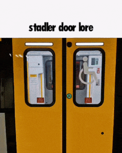 a picture of a yellow train with the words stadler door lore above it