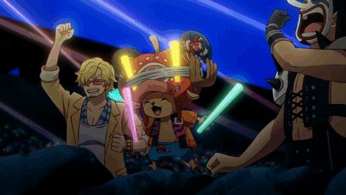 a cartoon drawing of a man and a teddy bear with glow in the dark lights on their heads
