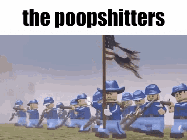 a group of lego soldiers marching with an american flag and the words the poopshitters on the bottom