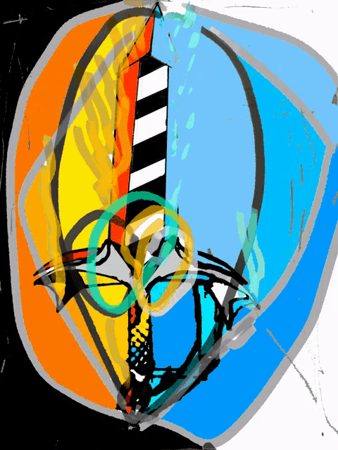 a colorful drawing of a person 's face with a blue circle around it