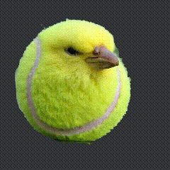 a tennis ball that looks like a bird with a black background