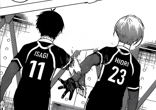 a black and white drawing of isagi and hiori giving each other a fist bump