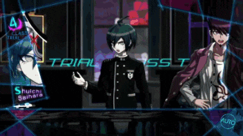 a group of anime characters are standing in front of a sign that says trial 7