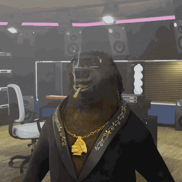 a bear wearing sunglasses and a gold necklace is smoking a cigarette
