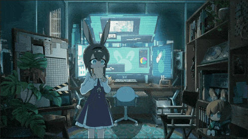 a girl in a blue dress is standing in front of a computer with a sign that says " ghost clean room "