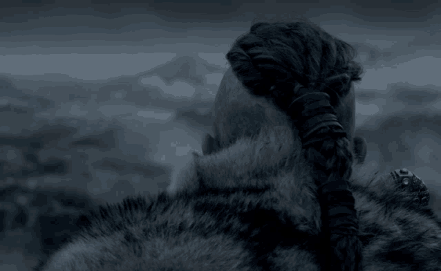 a man with a braided ponytail and a shaved head is wearing a fur coat