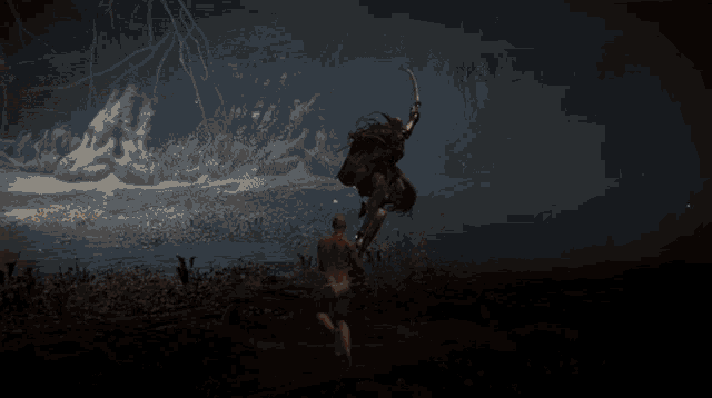 a man is running away from a monster with a sword