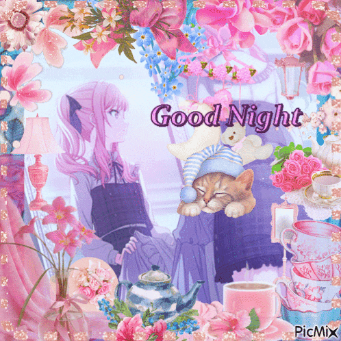 a picture of a girl and a cat with the words good night