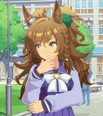 a girl with long brown hair and a white bow on her shirt is thinking