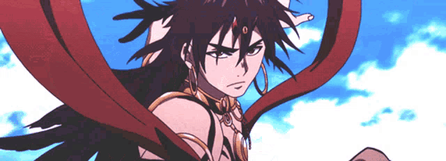a drawing of a man with long hair and a red ribbon around his neck