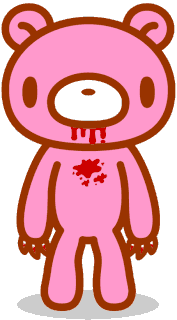 a pink teddy bear with blood coming out of it 's mouth