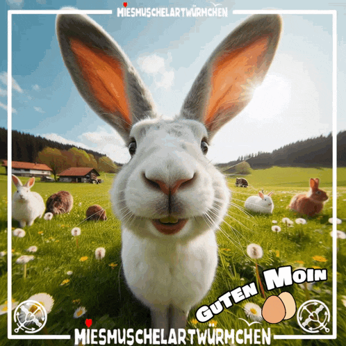 a bunch of rabbits are standing in a field with the words guten moin written on the bottom