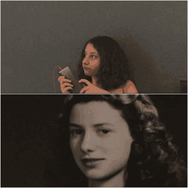 a black and white photo of a young woman holding a cell phone
