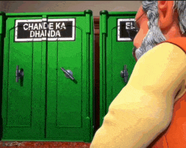 a cartoon character stands in front of a green door that says chandie ka dhanda