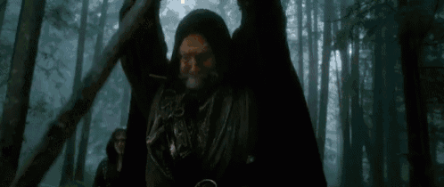 a person is holding a lantern in a foggy forest