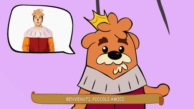 a cartoon of a bear wearing a crown with the words benvenuti piccoli amici below it